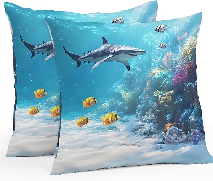 JasmineM Outdoor Pillow Cover Set of 2 Ocean Shark Waterproof Throw Pillow Covers Underwater Decorative Pillowcases Garden Cushion Case for Patio Couch Sofa 20x20 Inch