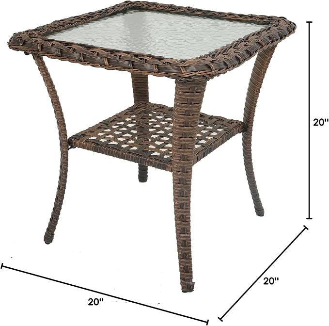 HUMMUH Patio Side Table Outdoor PE Wicker,Rattan End Table Glass Top Coffee Table with Storage Brown