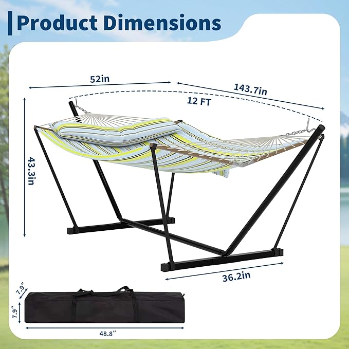 2-Person Hammock with Stand, 450lbs Capacity, Padded Polyester, Heavy-Duty Steel Frame, Portable Carry Bag for Patio, Backyard & Poolside