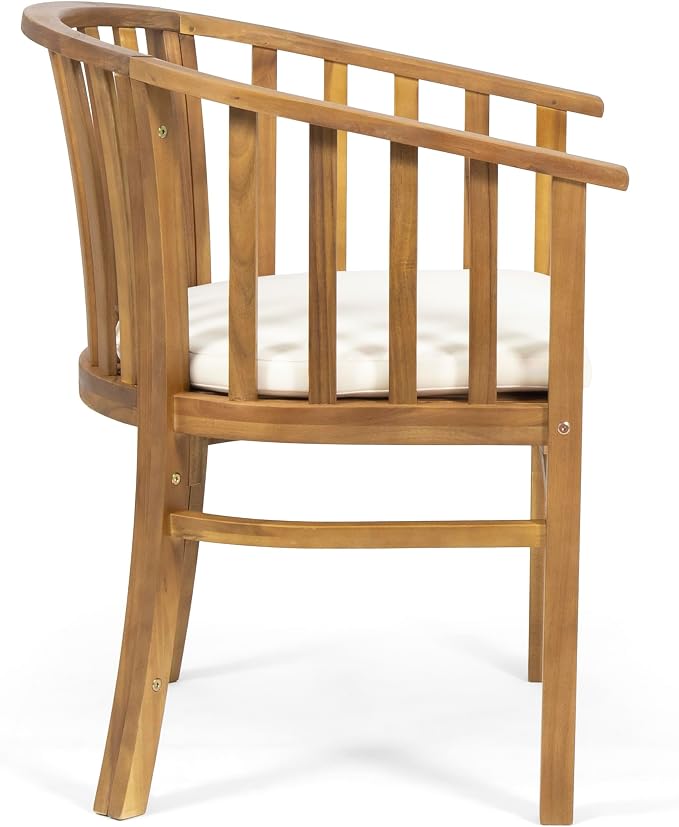 Christopher Knight Home Badaz Acacia Wood Patio Dining Set for 2, Solid Wood Outdoor Dining Table Set for 2, 3 Piece Outdoor Dining Set with Round Table and Armchair with Seat Cushion, Teak+Cream