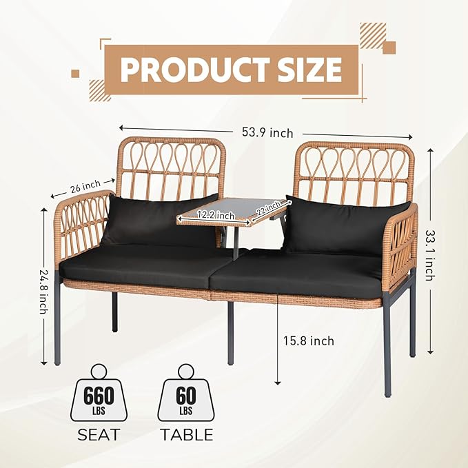 Outdoor Loveseat 2 Pieces Patio Furniture Set, Porch Furniture Wicker Large Loveseats, Patio Conversation Sets with Cushions & Lumbar Pillows and Built-in Table, Black