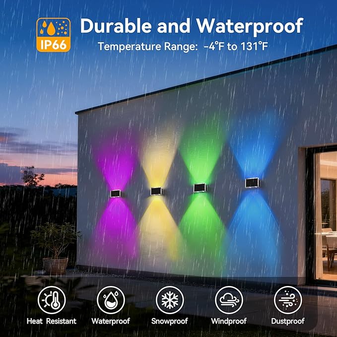 TECKNET Solar Fence Lights 2 Pack, 8 Modes RGB Color Changing, Up Down Lights & 200°Wide Lighting, IP66 Waterproof Dual-Lens LED Decorative Lights for Wall/Garden/Fence/Patio/Backyard