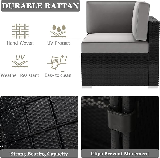 LayinSun 8 Pieces Patio Furniture Set with Fire Pit Table, Black Rattan Modular Sectional Patio Conversation Sofa Set