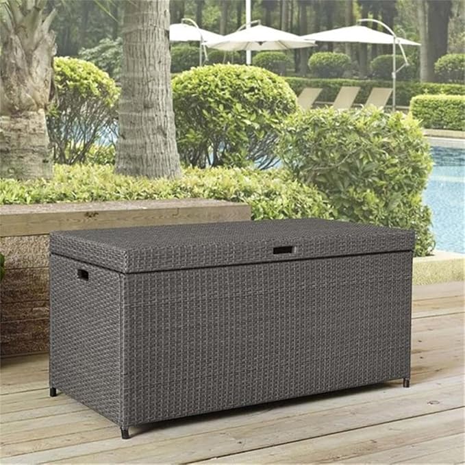 Pemberly Row Coastal Wicker/Rattan Patio Deck Box, Weathered Gray Finish, 52 in Wide, Durable Steel Frame with Resin Wicker, Oversize Outdoor Storage Chest for Cushions and Garden Essentials