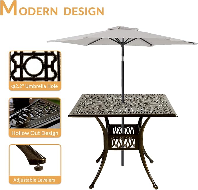 5-Piece Outdoor Patio Dining Set, All-Weather Cast Aluminum Patio Furniture Set for Backyard Garden Deck with 4 Chairs, 4 Cushions and 35.4” Square Table, 2.2" Umbrella Hole, Red