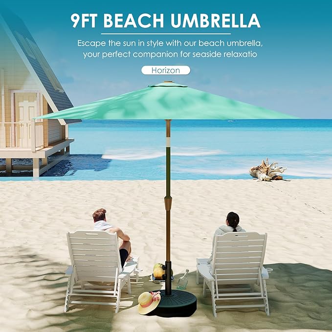 GREENVINES 9-FT-Patio-Umbrella | 8 Sturdy Fiberglass Ribs | Outdoor-Table-Umbrellas | Push Button Tilt & Crank | Waterproof | Market Umbrella | for Deck Backyard Pool Garden | Aqua