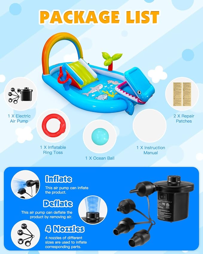 Whubefy Inflatable Kids Play Center Outdoor/Indoor 98 × 64 × 39 in Kid Pool Slide, with Water Sprayer, Waterfall, and Ocean Ball, Multicolor (with Blower)