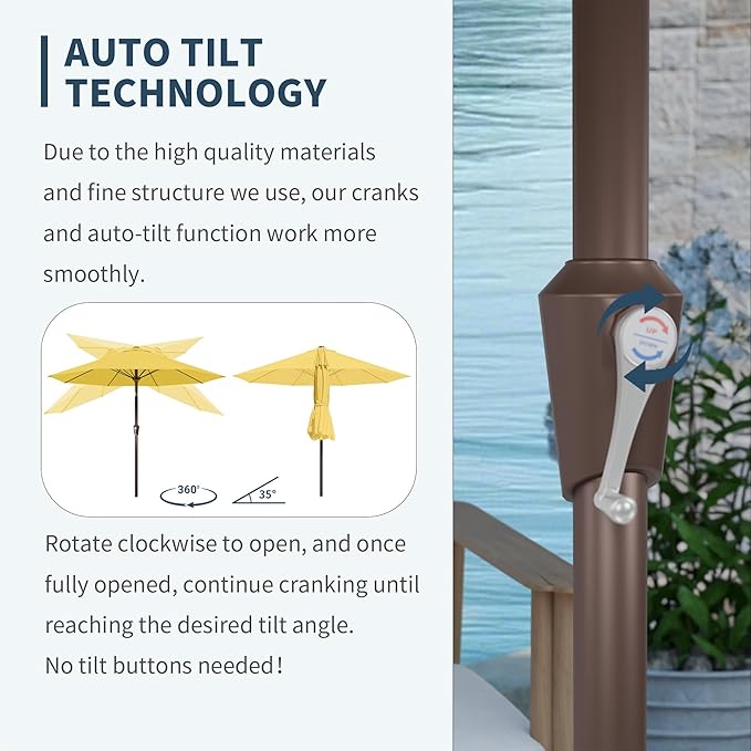 PatioKingdom Auto-Tilt 9FT Patio Umbrella Outdoor with 8 Sturdy Fiberglass Ribs,Market Table Umbrella for Pool,Backyard,Deck and Garden(Yellow)