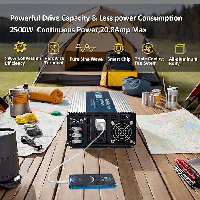 WZRELB 2500W Pure Sine Wave Inverter 24V DC to 110V 120V AC with LED Display,Remote Controller,Off-Grid Power Converter 5000W Surge with Dual AC Outlets, Hardwire Terminal for Home, RV, Truck, Camping