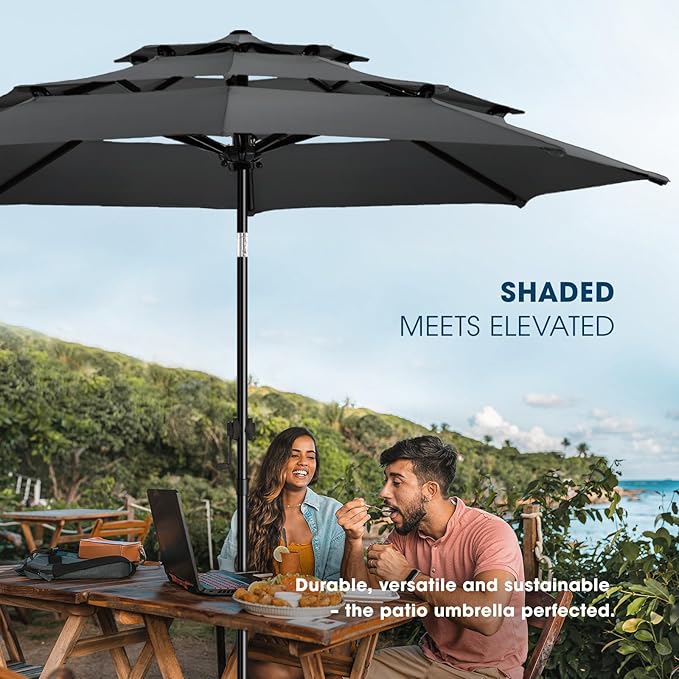 wikiwiki 10ft 3-Tier Patio Umbrella Outdoor Table Market Umbrella for Patio with Push Button Tilt/Crank, Fade Resistant Waterproof POLYESTER Canopy for Garden, Lawn, Deck, Backyard & Pool, Dark Gray