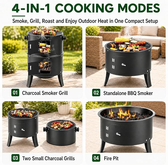 16 Inch Charcoal Smoker for Meat, Vertical Smoker Grill, Small Smoker for Backyard, Patio and Camping | 4-in-1 BBQ Smoker with Built-In Thermometer, Adjustable Air Vent, 2 Cooking Racks