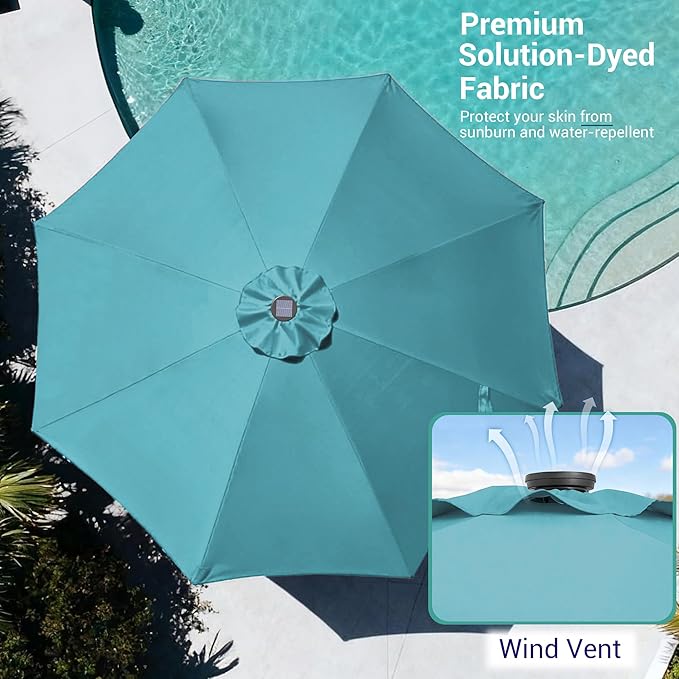 9ft Patio Umbrella Outdoor with Solar Lights,32 LED Lighted Table Market Umbrella with Tilt and Crank, 2-Year-Non-Fading, 8 Sturdy Ribs,for Pool, Deck, Garden,Backyard