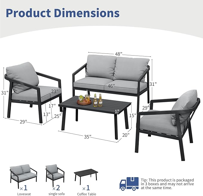 Patio Conversation Sets, 4 Piece Patio Furniture Sets with Loverseat、Armchair Sofa & Coffee Table, Aluminum Modern Outside Sectional Furniture for Garden, Backyard, Porch (Black)
