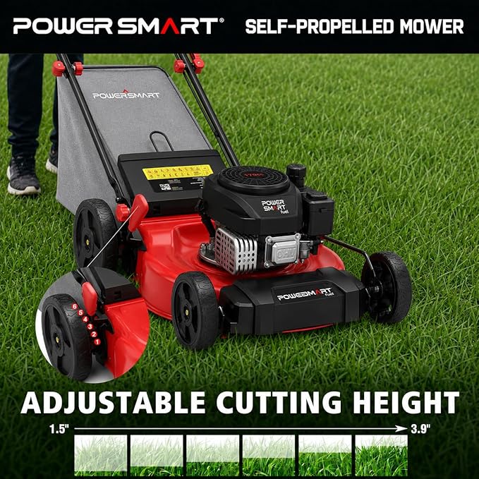 PowerSmart 21-Inch Gas Self-Propelled Lawn Mower, 170cc OHV Engine, Reinforced Steel Deck, 3-in-1 Bagging/Mulching/Rear Discharge, 6 Cutting Heights (1.5"–3.9"), 10" Rear Wheels, Foldable Handle
