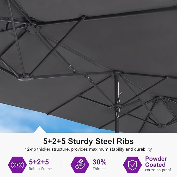 PURPLE LEAF 15ft Patio Umbrella with Base Included Double-Sided Rectangle Market Outdoor Umbrella Table Umbrella with Crank for Pool Garden Deck, Grey