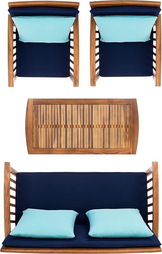 SAFAVIEH Outdoor Collection Rocklin Natural/ Navy Cushions/ Light Blue Pillows 4-Piece Conversation Patio Set