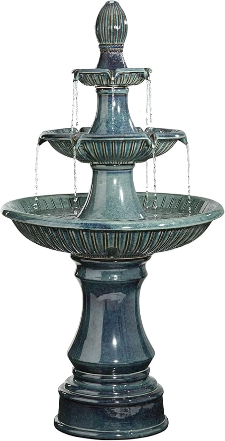 Formentera 46" High Large Italian Indoor Outdoor Decor Teal Blue Ceramic Floor Fountain with Light LED Waterfall 3-Tier Standing Water Feature for Outside Garden Patio Yard Backyard - John Timberland