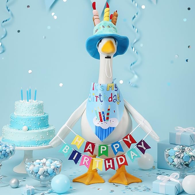 Abbylike 4 Pcs Happy Birthday Porch Goose Outfit for 23" Statues Poseable Porch Goose Wings Birthday Cake Hat for Lawn Patio Outdoor Geese Statue Decoration Accessories(Blue,Bib Style)