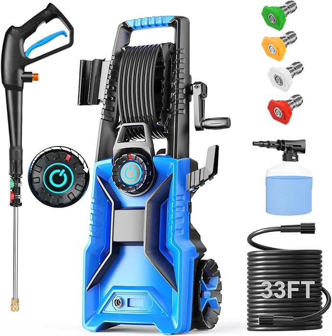 Electric Pressure Washer,5000 PSI Adjustable Pressure,4GPM Power Washer Electric Powered with Foam Cannon,4 Nozzle,33FT Hose and Soap Bottle for Home/Cars/Fences (Blue)