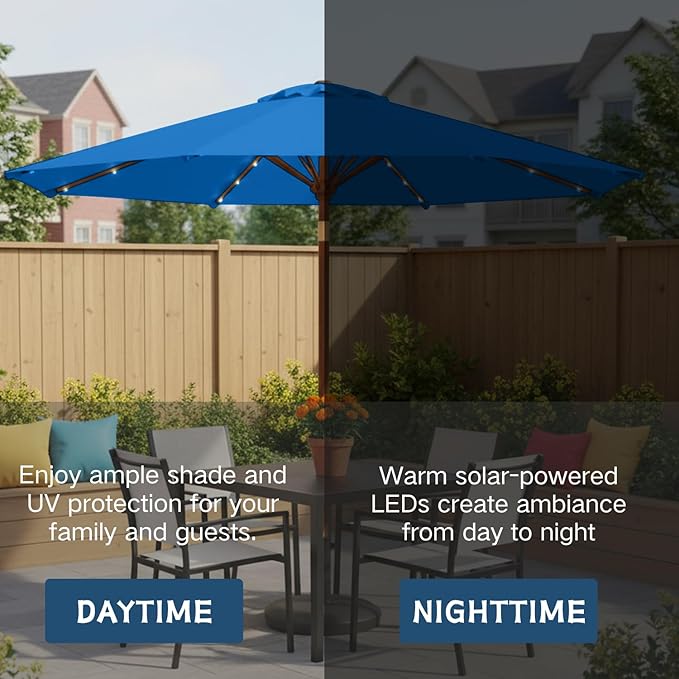 9' Solar LED Patio Umbrella with Tilt & Crank|8 Sturdy Ribs,UV Protection,Outdoor Market Table Umbrella for Deck,Lawn,Pool,Backyard(Royal blue)