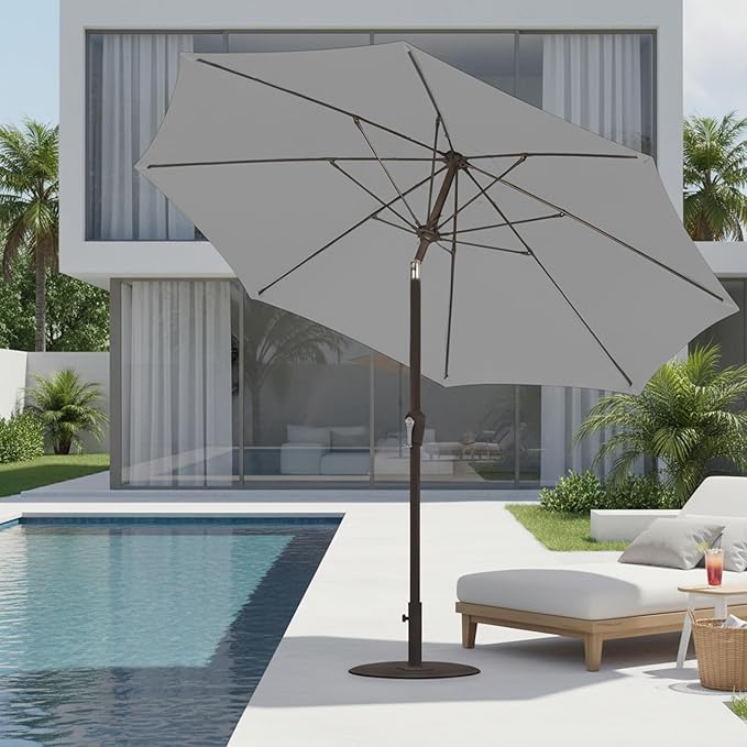 9ft Patio Umbrella with Push Button Tilt and Crank,Outdoor Market Table Umbrella UV Protection 8 Sturdy Ribs for Backyard,Garden,Pool,Deck(Light Gray)