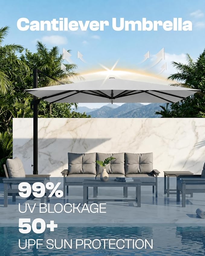 9x9 FT Square Cantilever Umbrella,Easy Tilt, Fade Resistant & 360° Rotation, Offset for Pool Deck Backyard Patiolight gray (Base not Included)