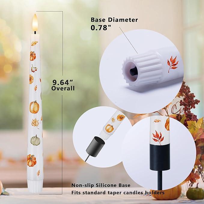 Fall Flameless Taper Candles, Pumpkin & Maple Leaf Battery Operated Candles with Remote, Real Wax Autumn Led Candlesticks, Fall, Harvest, Thanksgiving, Halloween Decorations for Home Party