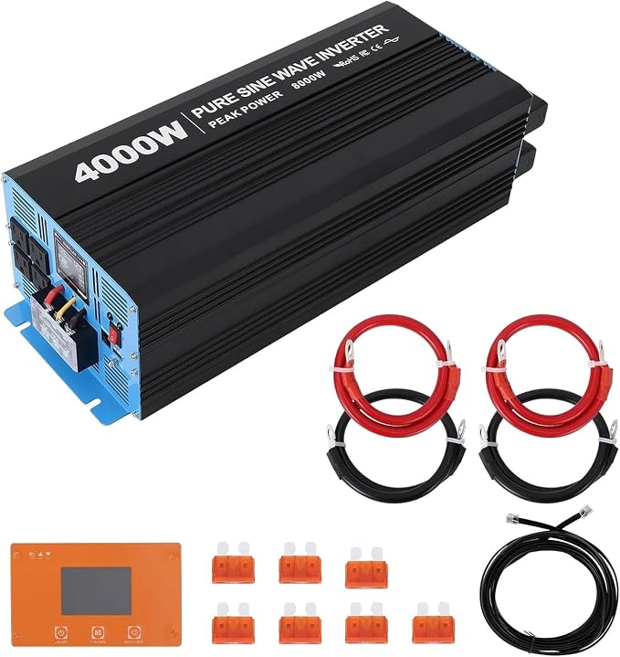 Power Inverter 4000 Watt Pure Sine Wave 12V DC to 110V/120V AC 8000W Peak Converter for Family RV Off Grid Solar System with 4 AC Outlets LCD Display Remote Control and 3.4A USB Charging Port