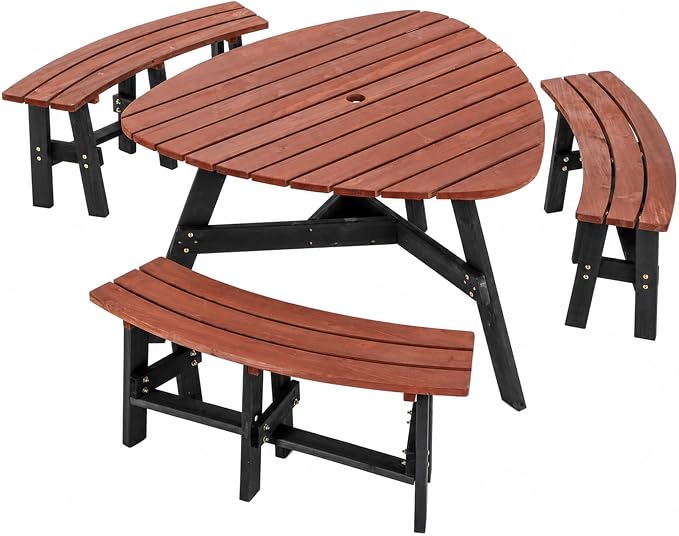 KEIKI 6-Person Outdoor Picnic Table Set with Benches & Umbrella Hole | Seats 6 with a 1,500 lb capacity, solid fir wood, umbrella hole, and 3 built-in benches for outdoor dining