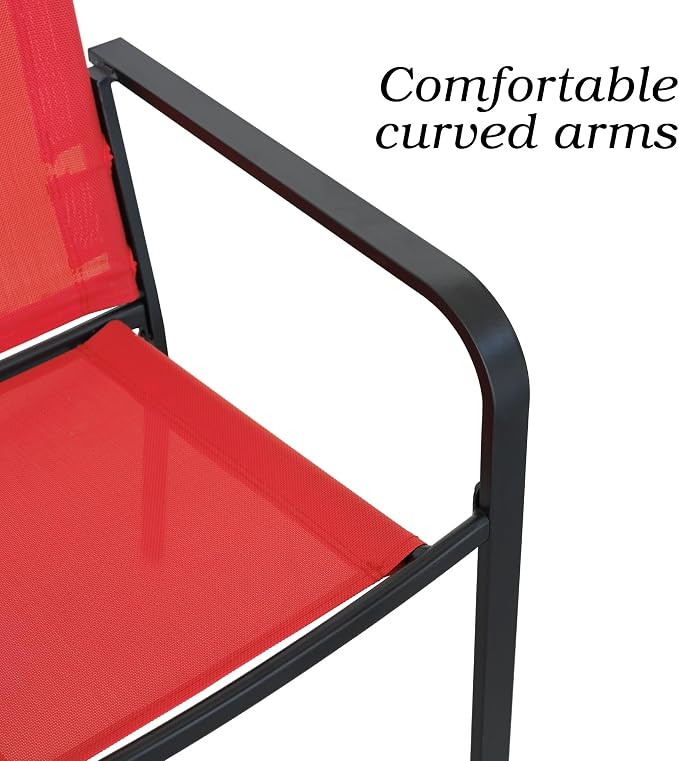 Anmutig 5 Piece Patio Dining Set 41 Inch Round Table Stackable Chairs Red | Powder-Coated Steel Frame, Quick-Dry Textilene Mesh, Dual-Size Umbrella Hole, Weather Resistant, Patio, Garden, Backyard