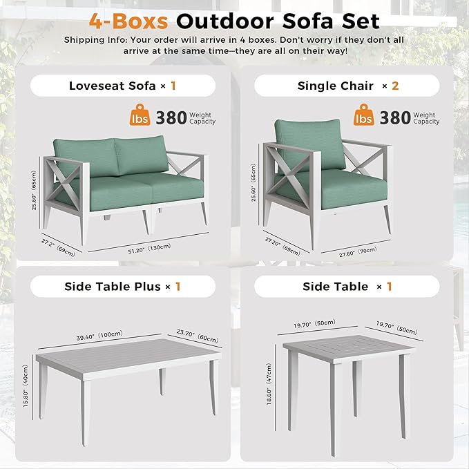 Aluminum 4-Seats Outdoor Patio Furniture Set, Sectional Conversation Sofa Set with 5.2" Thick Cushions & Coffee Tables,Rust-Resistant Frame Seating Sofa for Porch, Garden, Backyard, White