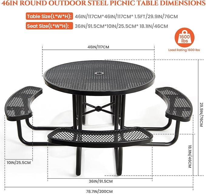 Ceridwen Heavy Duty Picnic Table with 4 Benches, Expanded Metal Steel Mesh Outdoor Patio Dining Table Bench Set with Umbrella Hole,Outdoor Patio Dining Table for Garden (Round, Black, 46FT)