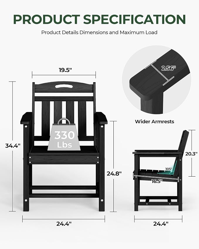 Patio Chairs, HDPE Outdoor Dining Chairs with Wide Seat, All Weather Oversized Porch Chair for Garden, Backyard, Deck - Black