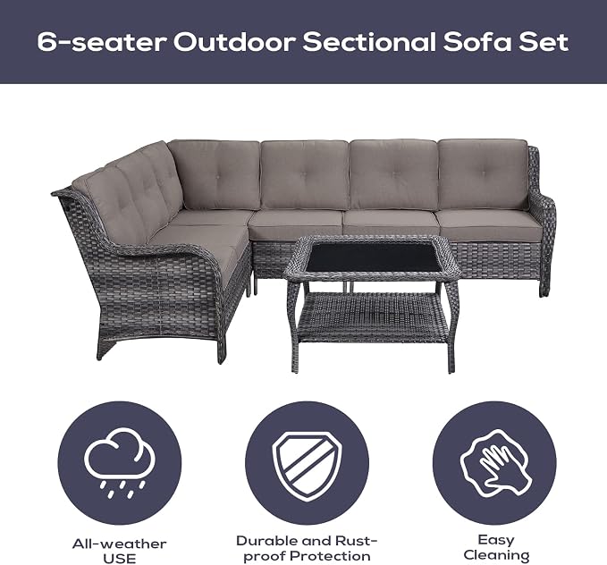 Belord Patio Furniture Set 6 Seats, Oversized Outdoor Sectional Couch, Two 3-Seater Sofas with Coffee Table, Patio Conversation Sets,Ideal for Porch, Deck, Gray Wicker/Gray