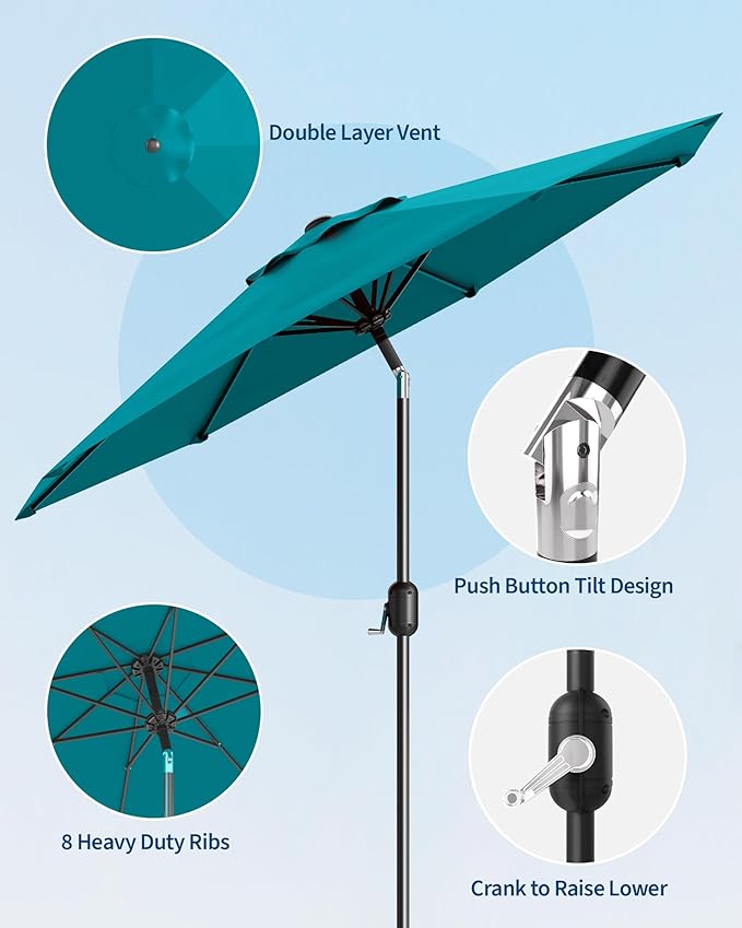 GarveeLife 9FT Outdoor Patio Umbrella, Outdoor Table Umbrella, Market Umbrella with Push Button Tilt and Crank, 8 Sturdy Ribs UV Protection Waterproof for Garden, Deck, Backyard, Pool, Turquoise Blue