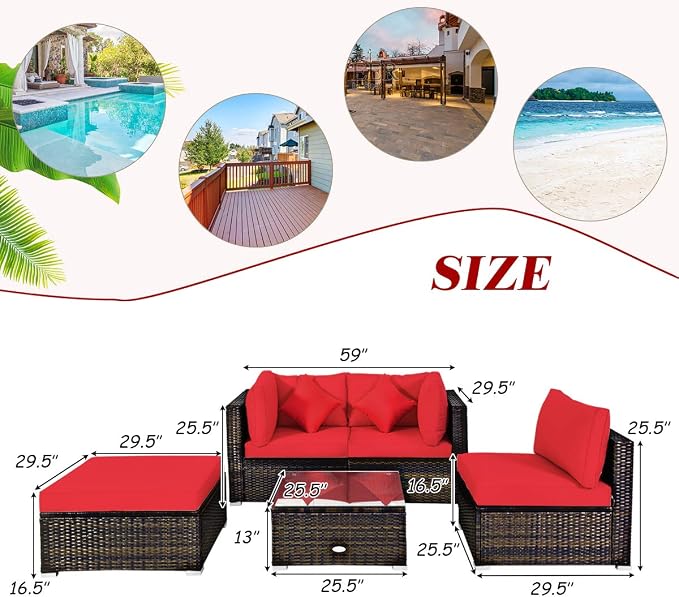 RELAX4LIFE 5-Piece Rattan Sofa Set - Wicker Conversation Set w/Armless Sofa, 2 Corner Sofas, Ottoman, Tempered Coffee Table, All Weather Outdoor Furniture Set for Patio, Poolside, Yard (Red)