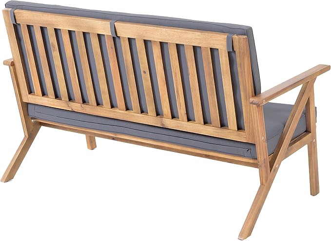Christopher Knight Home Panama Outdoor Acacia Wood Chat Set with Water Resistant Cushions, 4-Pcs Set, Teak Finish / Grey