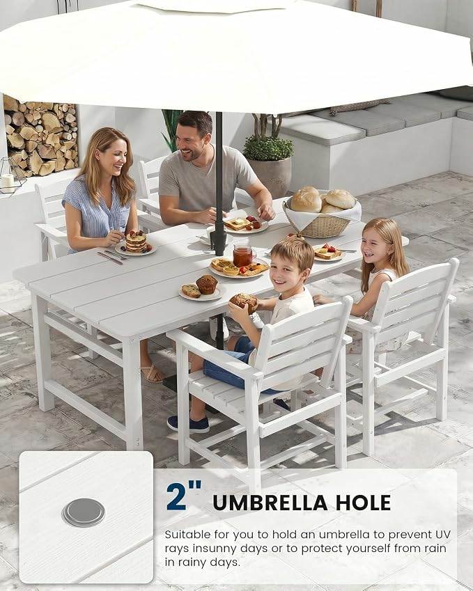 FOOWIN Outdoor Table and Chairs Set 5-Piece HDPE All Weather Patio Dining Set with Umbrella Hole,Outdoor Patio Furniture Dining Set for 4,Patio Kitchen Table Set for Garden,Backyard,Poolside, White