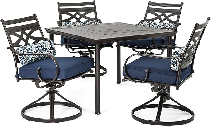 Hanover Montclair 5-Piece Outdoor Dining Set with Stamped Steel Square Dining Table and 4 Swivel Rocker Chairs with Cushions, Weather-Resistant Patio Dining Set for 4, Patio, Backyard, Deck