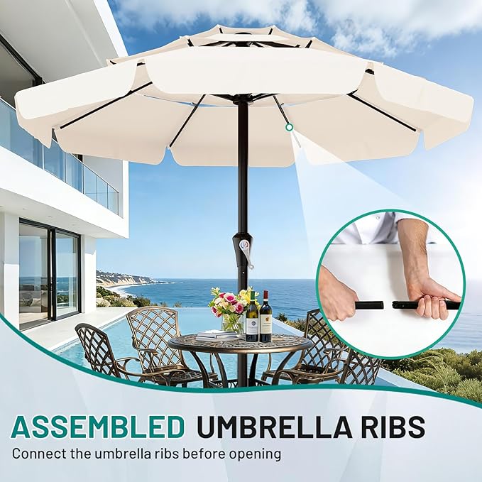 AreShark 11FT 3-Tiers Patio Umbrella with Valance, Outdoor with Crank, Large Outdoor Market Umbrellas Vented with 8 Sturdy Ribs, Patio Table Umbrellas for Garden, Deck, Backyard, Pool, Cream White