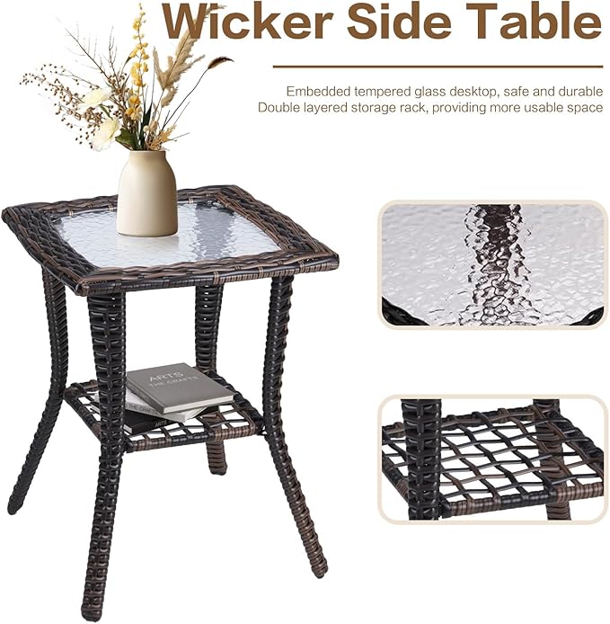 3 Pieces Patio Furniture Conversation Set PE Rattan Wicker Outdoor with 2 Armrest Chair and 1 Coffee Side Table, Soft Thick Washable Cushion for Yard Backyard Poolside (Brown/Navy Blue)