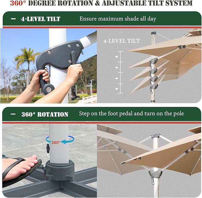 Cantilever Patio Umbrella with Cross Base and Cover Included - 360° Rotation Large Heavy Duty Offset Outdoor Umbrella with Easy Tilt for Pool Backyard Deck Garden (10x10 FT Khaki)
