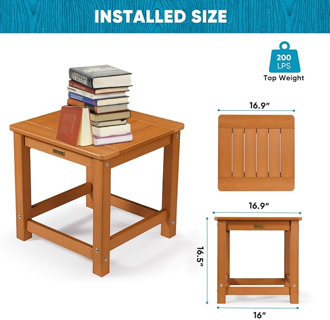 Outdoor Side Table Set of 2, HIPS Plastic Composite Adirondack Patio Table, Weather Resistant End Tables for Outside, Indoor, Patio, Garden, Pool, Porch, Backyard, Lawn, Deck - Teak