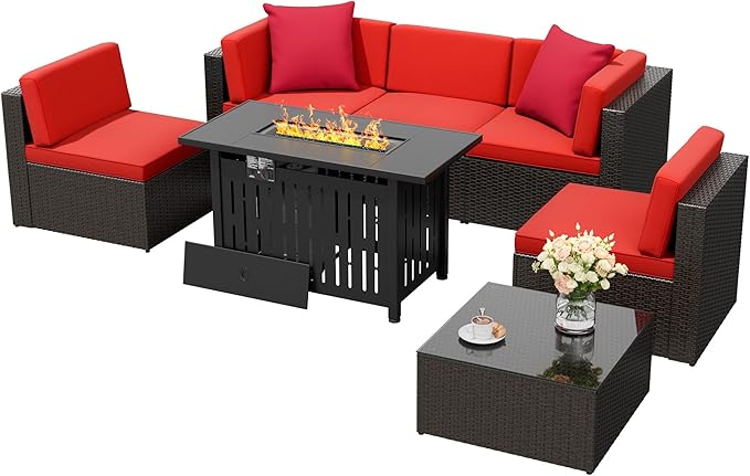 Flamaker 7 Pieces Patio Furniture Set with Fire Pit Table Outdoor Sectional Patio Sofa Furniture Set with Gas Fire Pit and Coffee Table & Ottoman Cushion Pillows, Red