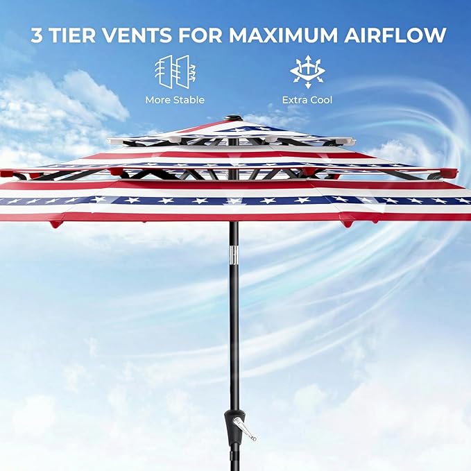 HOMSHADE 9FT 3-Tiers Outdoor Patio Umbrella with 5-Year Fade Resistant,Vented Outdoor Commercial Market Umbrella with UPF50+ UV Protection & Push Button Tilt and Crank for Pool,Backyard(NO Base)