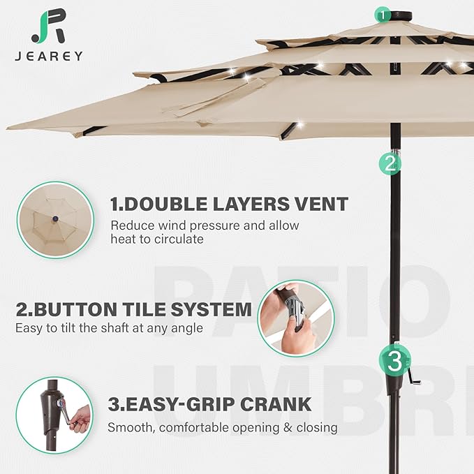 JEAREY 3 Tiers Patio Umbrella with Solar Lights 9ft Outdoor Market Table Umbrellas with Push Button Tilt for Outside Pool Garden, Tan