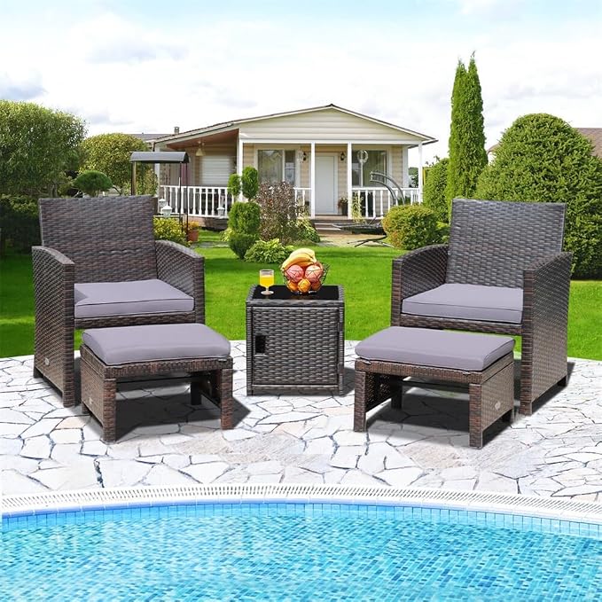 5PCS Patio Rattan Furniture Set Chair Ottoman Cushion Space Saving W/Cover Gray