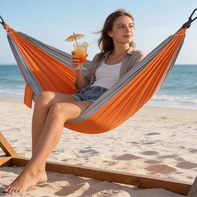 PeakPursuit Camping Double Hammock, Portable Hammock with Tree Straps, Tree Hammocks, Perfect for Outside Indoor Hiking Beach Backpack Travel, Orange