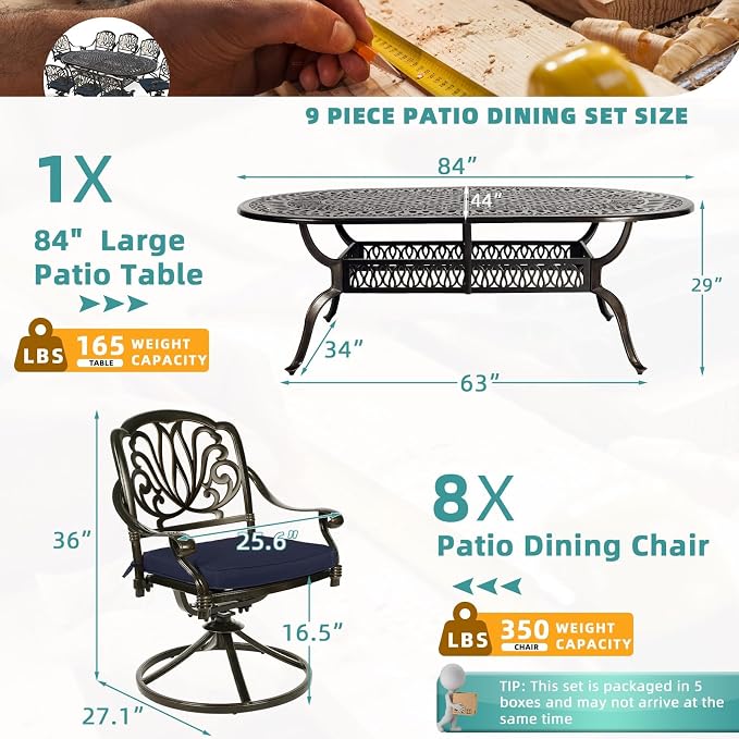 MEETWARM 9-Piece Outdoor Patio Dining Set, All-Weather Cast Aluminum Outdoor Dining Table Set for 8 with 84" Oval Table, 8 Cushioned Swivel Patio Chairs for Backyard Garden, Umbrella Hole, Navy Blue