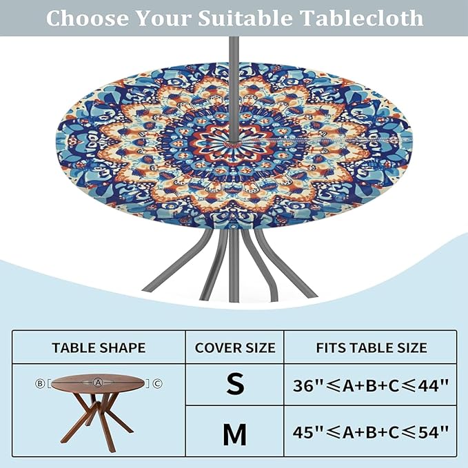 OSAM SPACE Outdoor Tablecloth with Umbrella Hole, Round Elastic Fitted Table Cloth with Invisible Zipper,Colorful Blue Orange Boho Mandala Picnic Patio Table Cover 36-44in